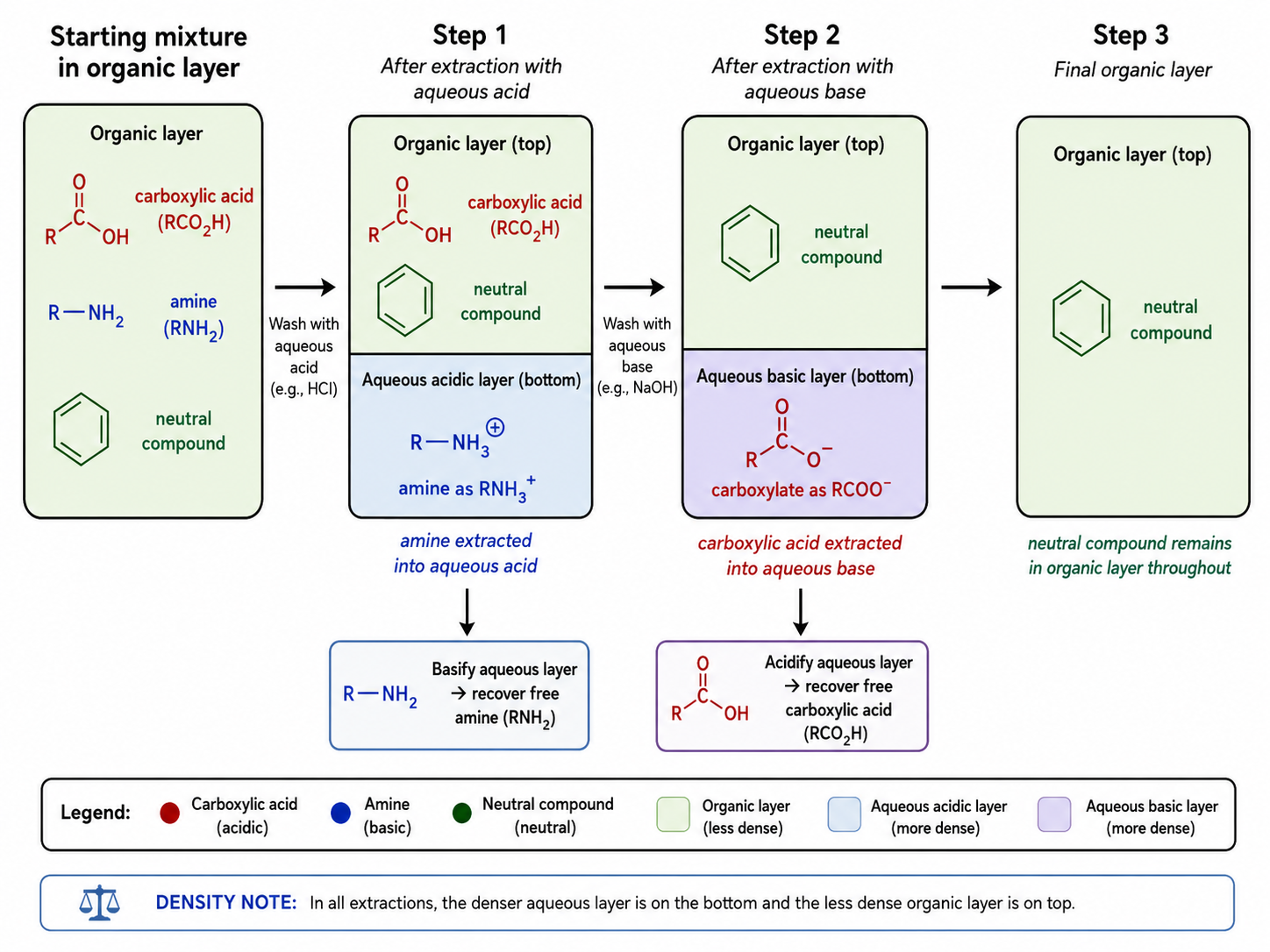 Acid–base extraction separating an organic acid, an organic base, and a neutral compound from a single organic layer by sequential pH changes.