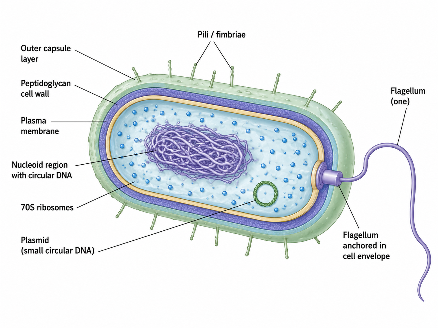 Generalized bacterial cell showing nucleoid (circular chromosome), plasma membrane, peptidoglycan cell wall, capsule, 70S ribosomes, plasmid, pili/fimbriae, and a flagellum.