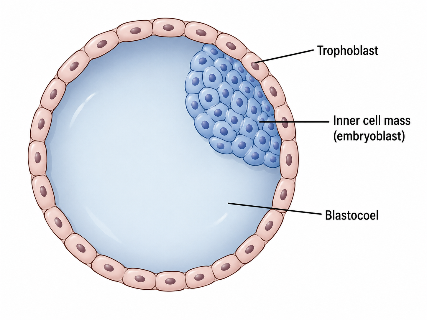 The mammalian blastocyst: an outer trophoblast layer (→ placenta/extraembryonic structures) enclosing a fluid-filled blastocoel, with the inner cell mass (embryoblast → embryo proper) clustered to one side.