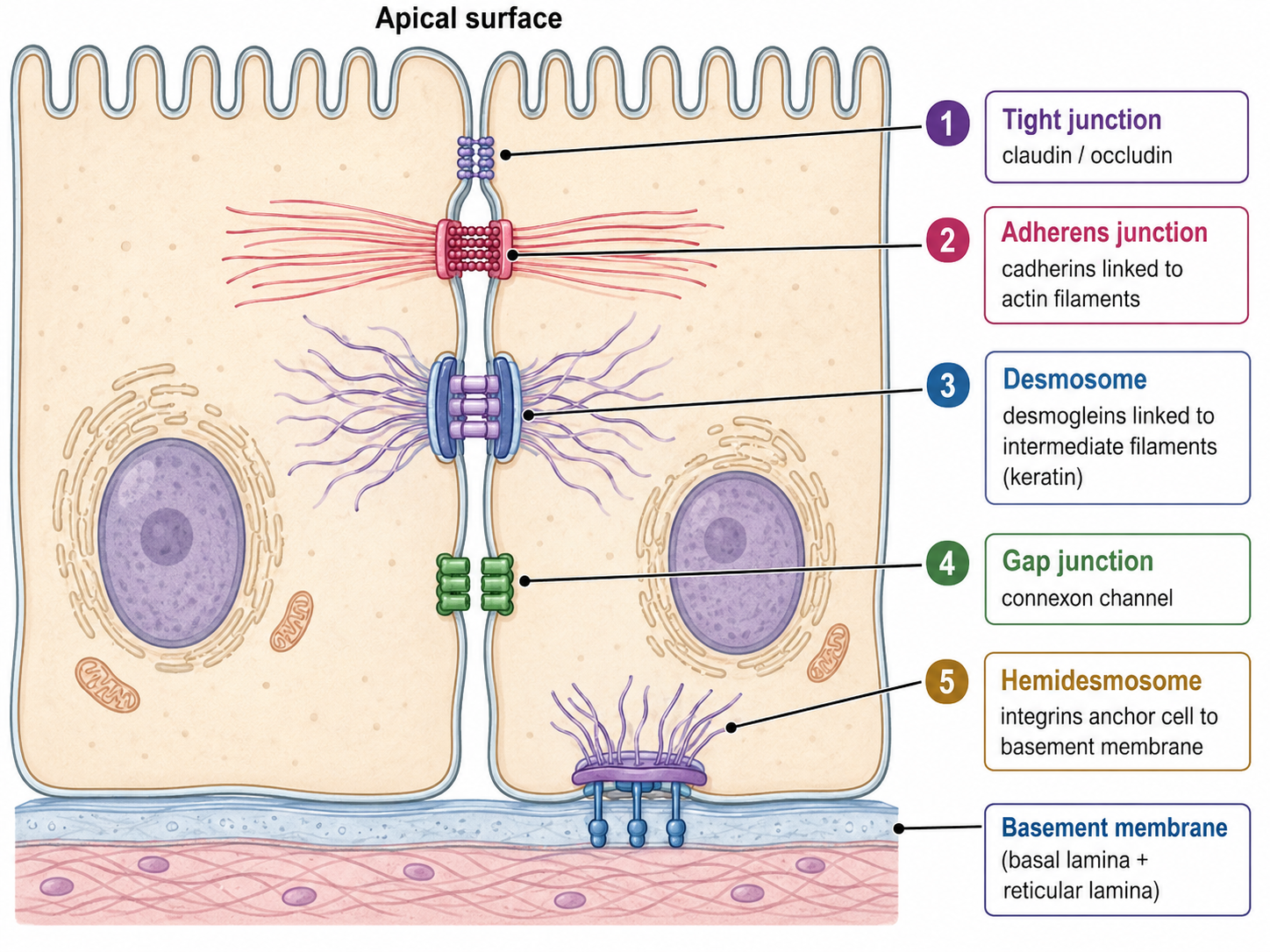 Junctions between two adjacent epithelial cells arranged apical to basal: tight junction (seal) near the apex, then adherens junction (linked to actin), desmosome (linked to intermediate filaments), and gap junction (connexon channel), with a hemidesmosome anchoring the basal surface to the basement membrane