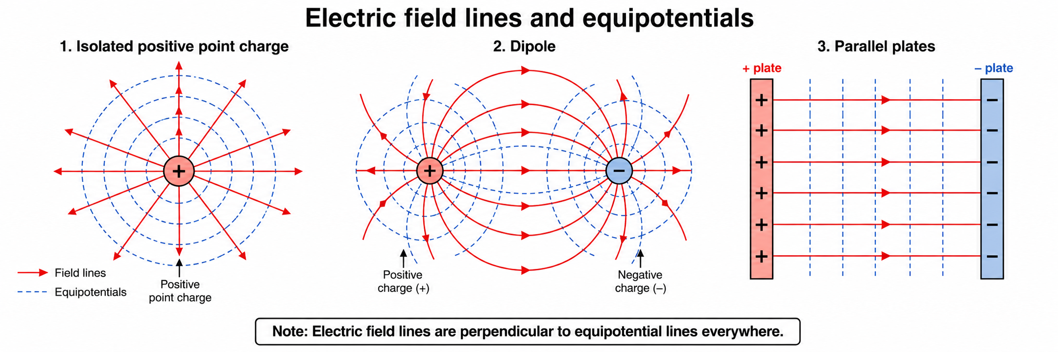 Electric field lines (solid) and equipotential surfaces (dashed) for a single positive charge, a dipole, and parallel plates.