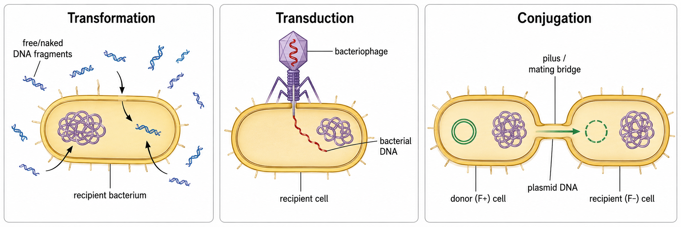 The three mechanisms of bacterial horizontal gene transfer: transformation (uptake of free DNA), transduction (phage-delivered DNA), and conjugation (pilus-mediated cell-to-cell transfer).
