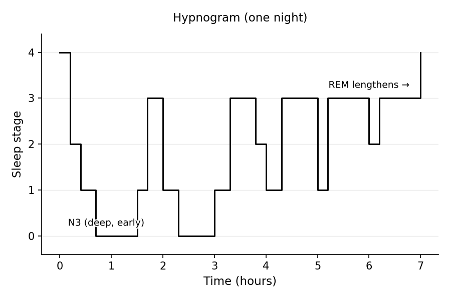 A typical night's hypnogram: deep slow-wave (N3) sleep dominates the early cycles, while REM episodes lengthen progressively toward morning.