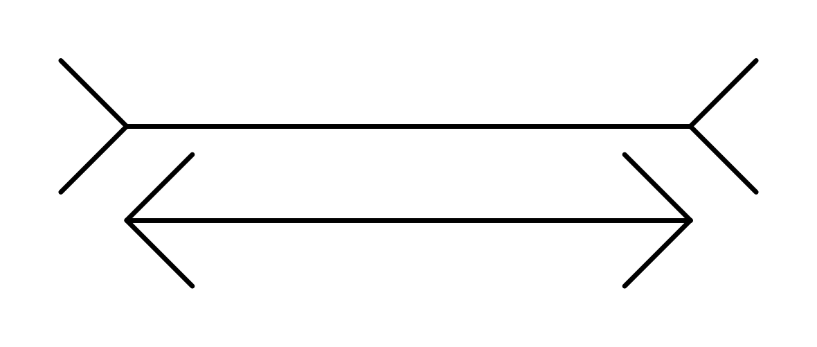 The Müller-Lyer illusion: two horizontal line segments of identical length appear unequal because of inward- versus outward-pointing arrow fins