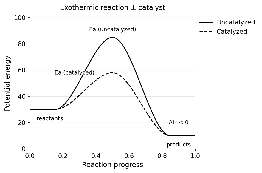 Reaction-coordinate diagram for an exothermic reaction with and without a catalyst: the catalyst lowers the transition-state peak (smaller Ea, forward and reverse) while leaving reactant and product energies — and therefore ΔH — unchanged.
