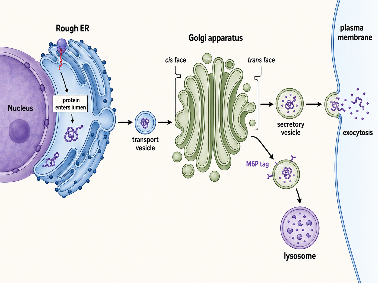 The secretory pathway: a protein synthesized on the rough ER moves by vesicles to the cis face of the Golgi, is processed across the stack to the trans face, and is packaged into secretory vesicles that release it by exocytosis (with a side branch to lysosomes via the mannose-6-phosphate tag)