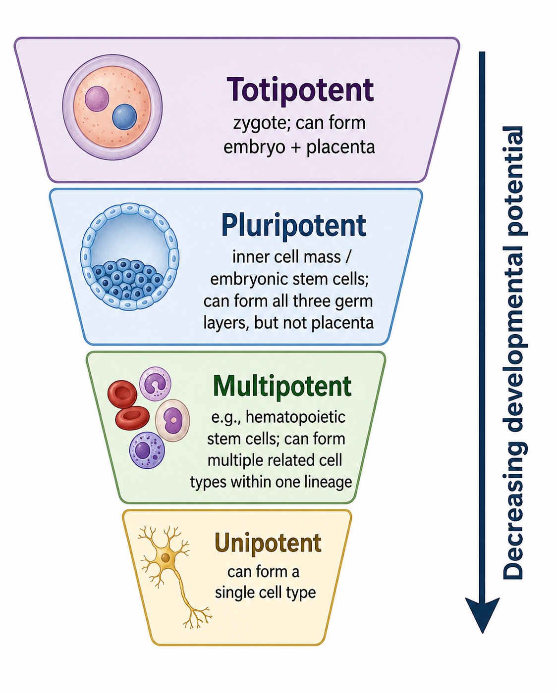 The stem-cell potency hierarchy, from totipotent (zygote → whole organism plus placenta) to pluripotent (ICM/ESCs → any of the three germ layers) to multipotent (tissue stem cells → one lineage) to unipotent (a single cell type). Potency narrows as development proceeds.