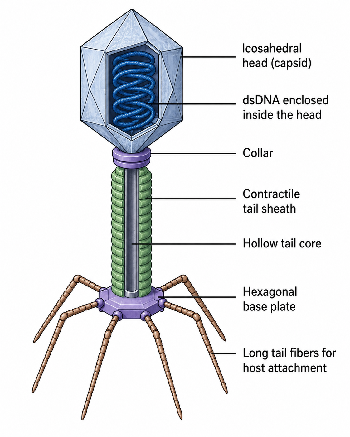 Structure of a T-even (T4) bacteriophage: icosahedral head containing dsDNA, collar, contractile tail sheath, tail core, base plate, and tail fibers.