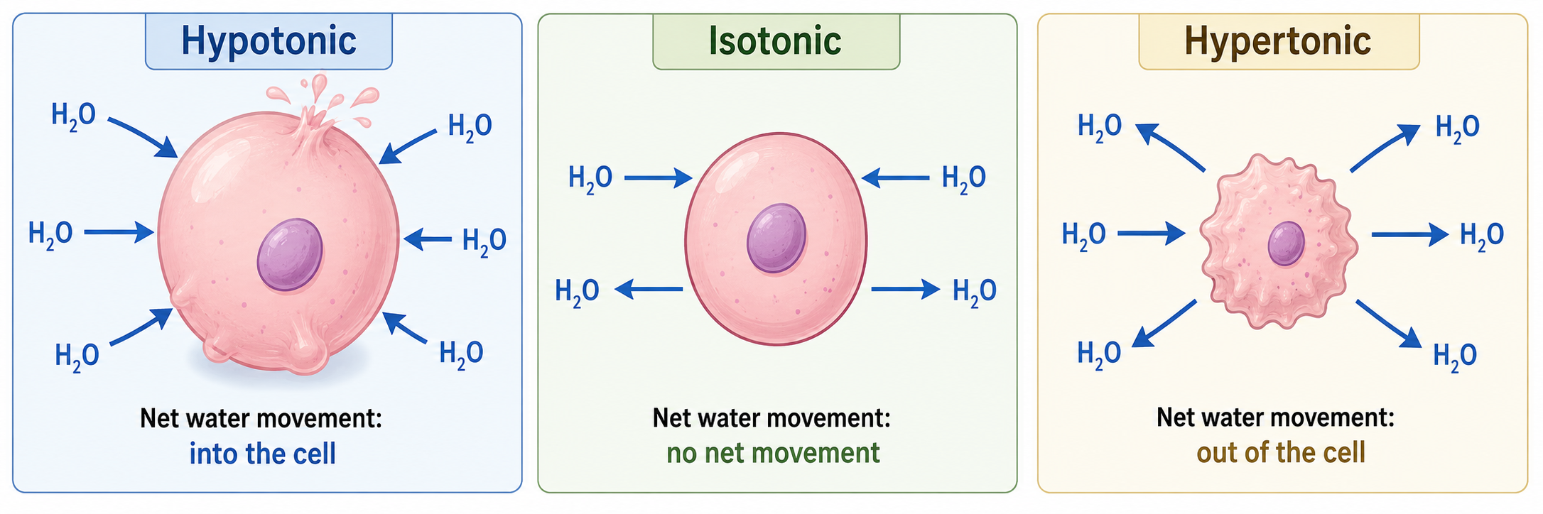 An animal (red blood) cell in hypotonic, isotonic, and hypertonic surroundings, showing swelling/lysis, no net change, and shrinkage (crenation) with the direction of net water flow in each case
