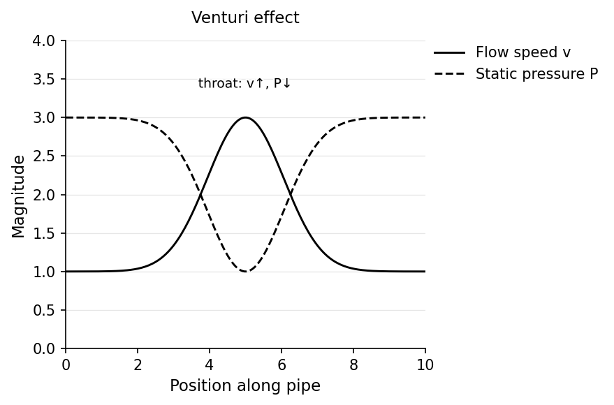 Flow through a Venturi constriction: as cross-sectional area decreases, fluid speed increases (continuity) while static pressure decreases (Bernoulli).