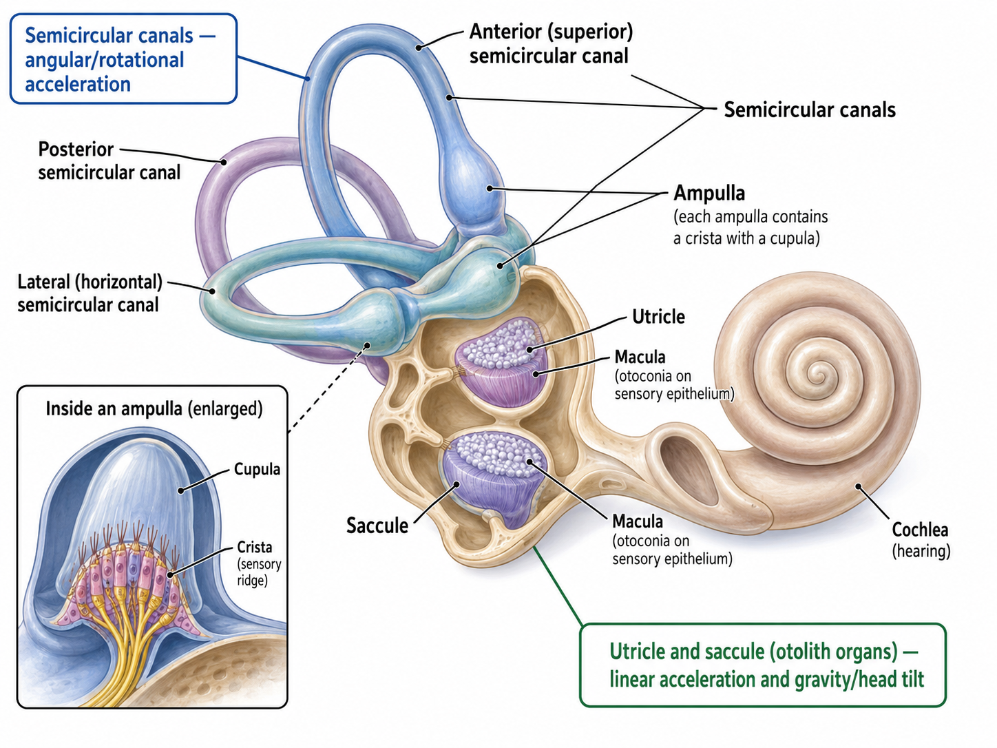 The vestibular apparatus: three semicircular canals detecting angular (rotational) acceleration and the otolith organs (utricle and saccule) detecting linear acceleration and head tilt